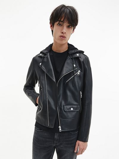 Calvin Klein Ruhák HU147891 | Calvin Klein Faux Bőr Hooded Férfi Motoros Kabát Fekete